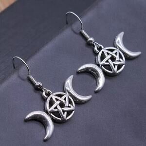 Crescent moon pentagram silver tone earrings
